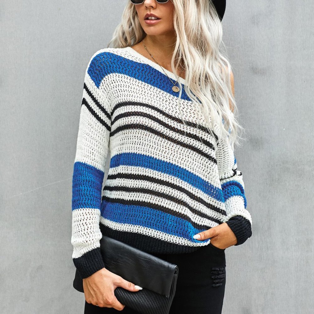 Blue Loose Fit Striped Pattern Sweater - Picture 4 of 9